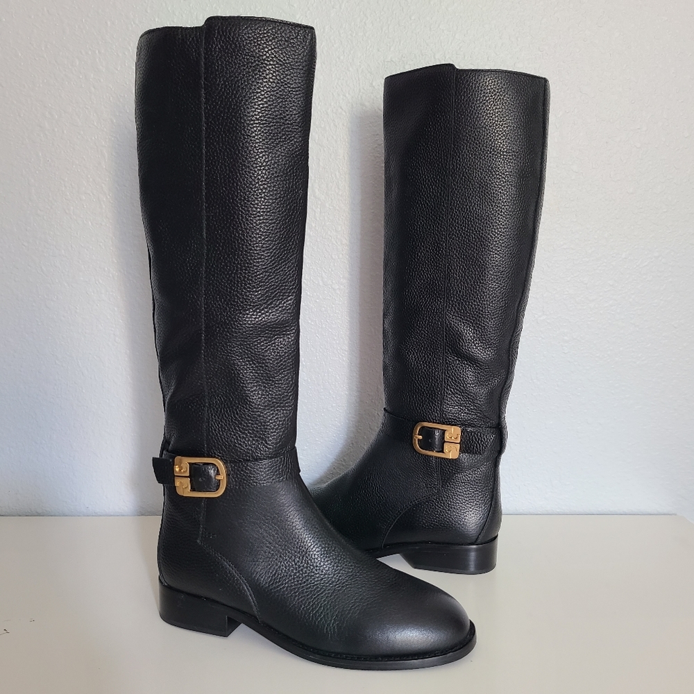 Tory Burch Women boots Black Tumbled Leather BROOKE Knee High Riding  sz 6.5 new